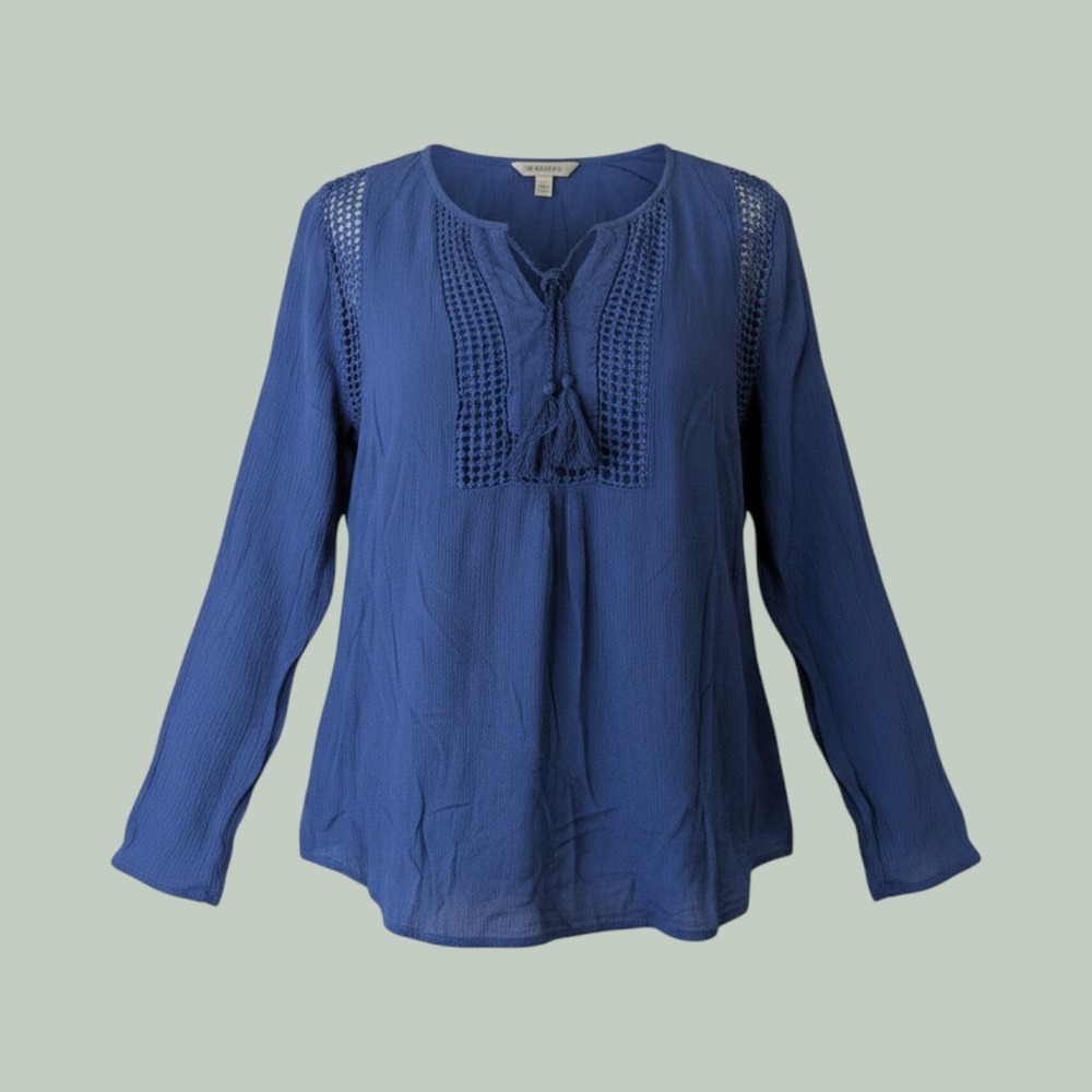 Joseph A. Crochet Lace Blouse XL Blue Boho Tassel Tie Long Sleeve Top